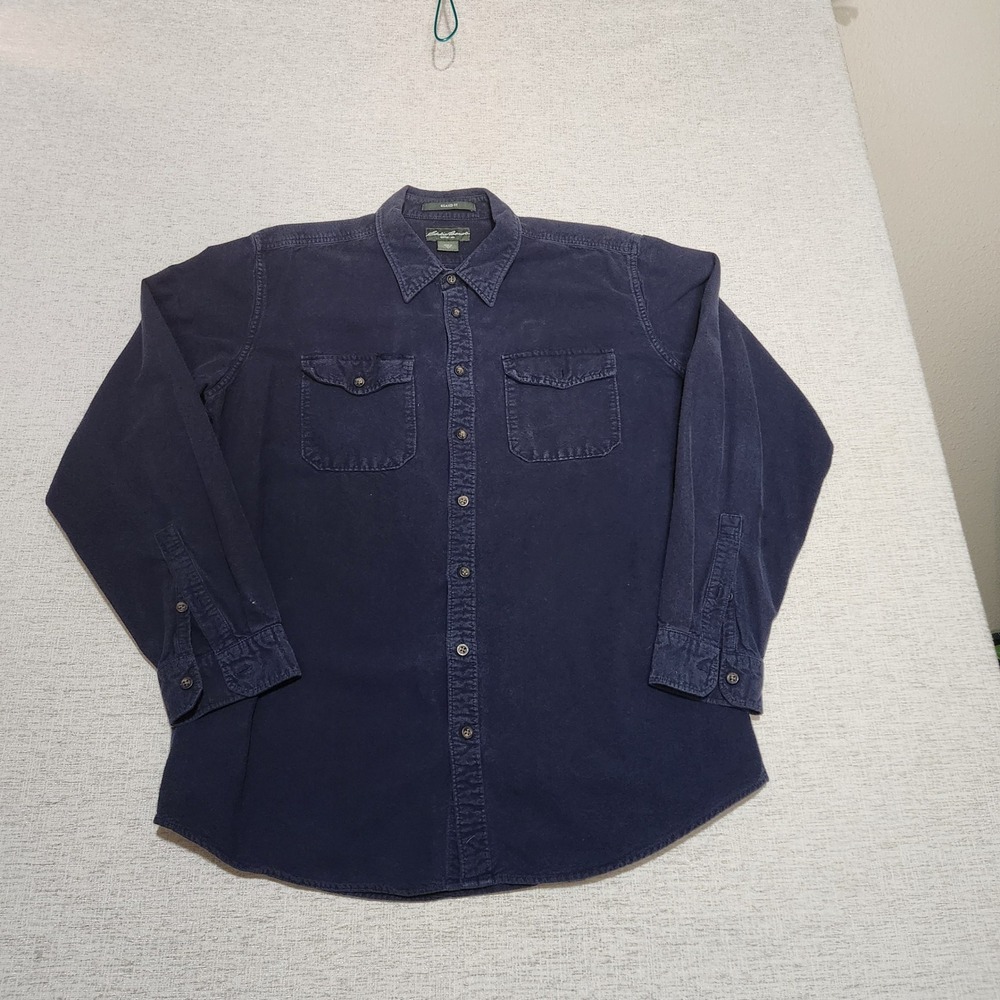 Eddie Bauer Button Down Shirt Mens L Tall Navy Blue Relaxed Fit Cotton Utility